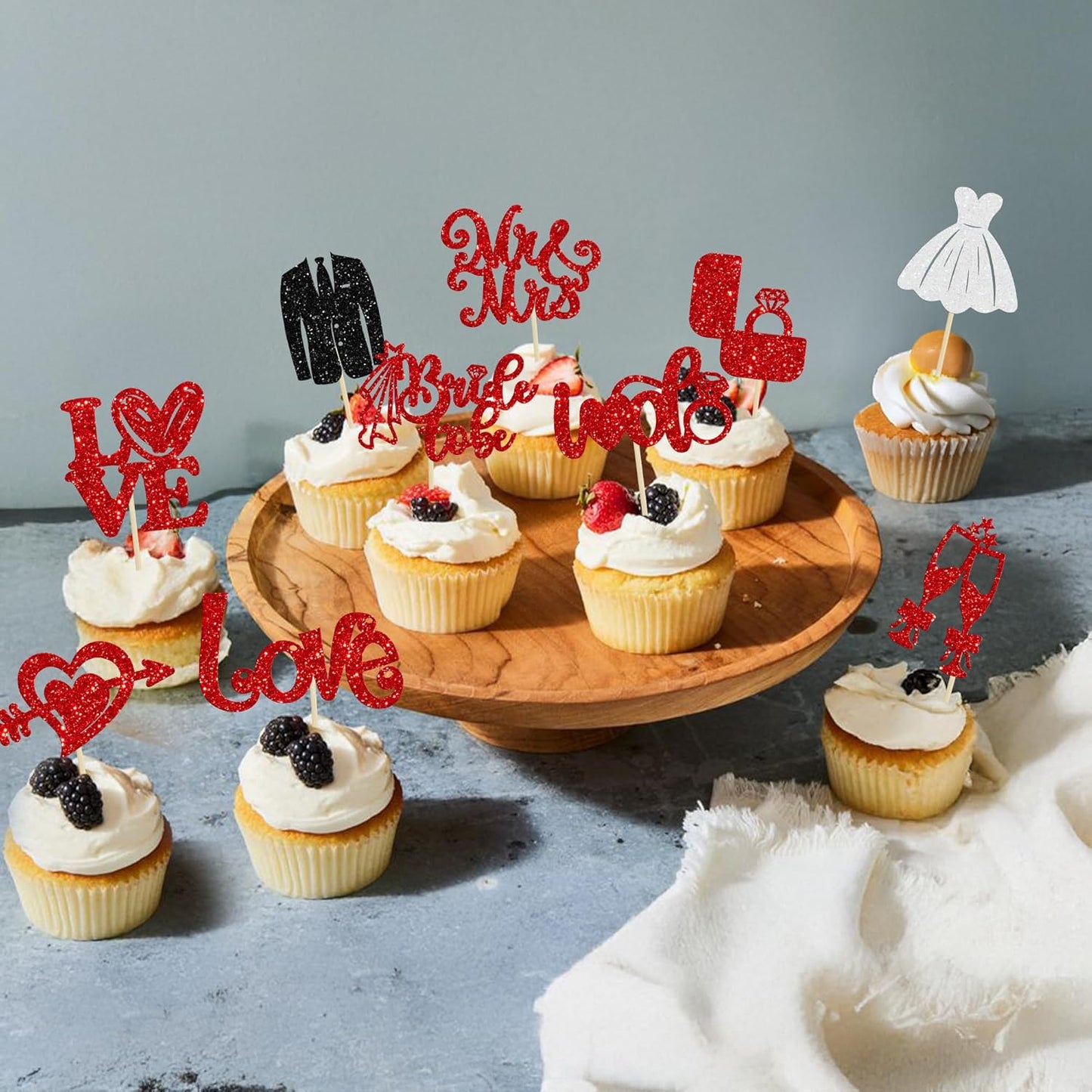 Ephlyn 30Pcs Bride to be Cupcake Toppers Glitter Wedding Cake Topper Decorations I Do Love Heart Ring Cupcake Picks for Bridal Shower Wedding Engagement Party Supplies Red
