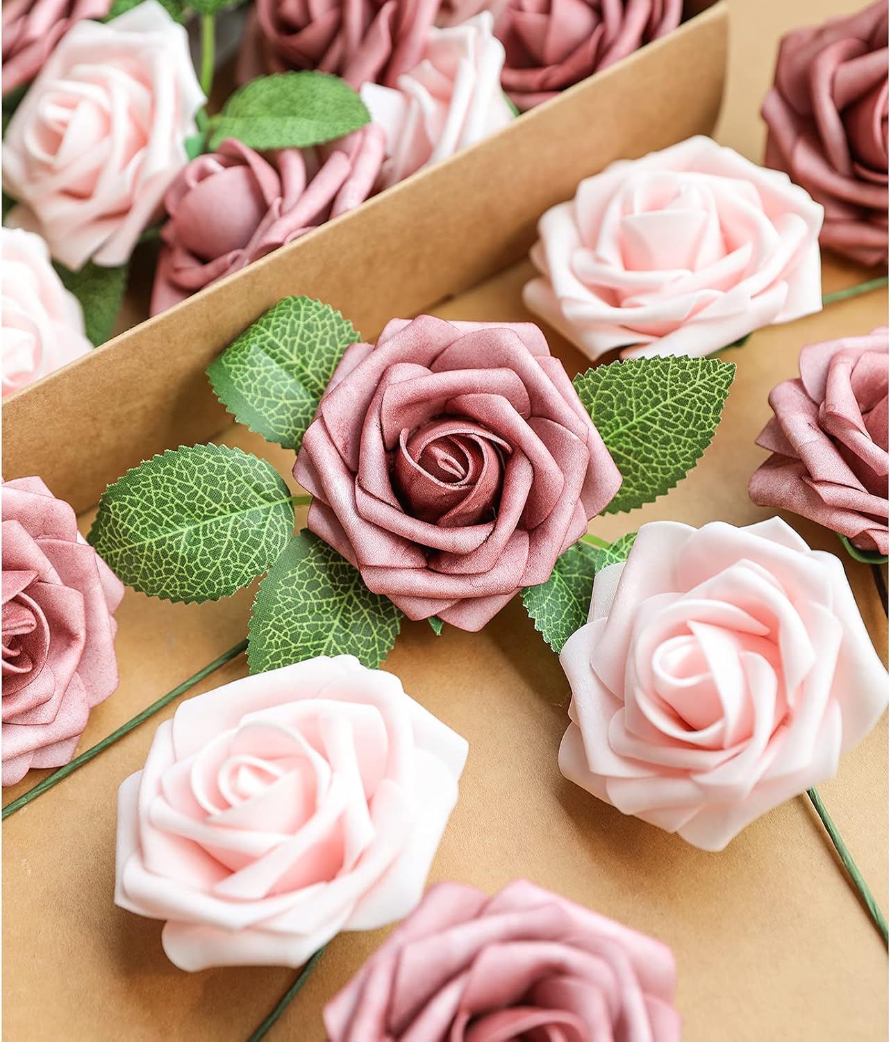 AmyHomie Artificial Flower Warm Taupe & Nude Rose 25pcs Real Looking Fake Roses w/Stem for DIY Wedding Bouquets Centerpieces Arrangements Party Baby Shower Home Decorations