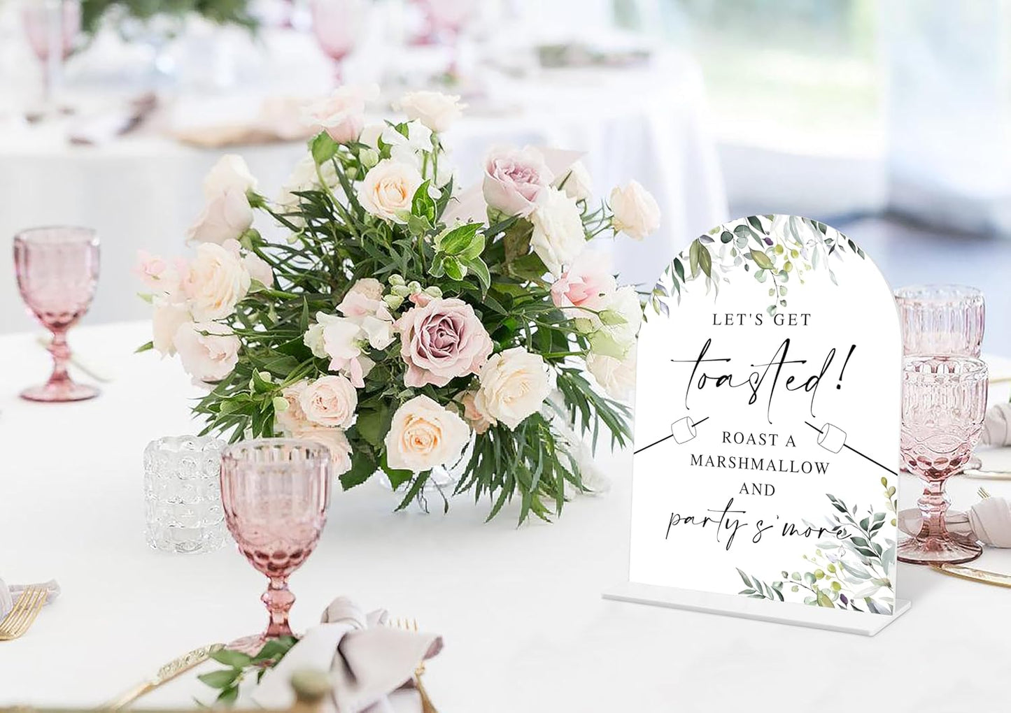 Greenery S'mores Bar Sign, 6 x 8 Inch White Arch Acrylic Wedding Sign with Holder, Wedding Sign for Ceremony and Reception, Wedding Decoration, Wedding Supplies - LY20