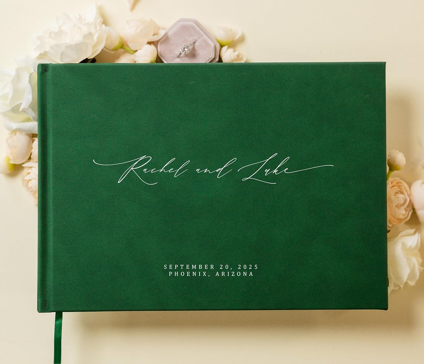 MUUJEE Personalized Guestbook in Emerald - Premium Custom Modern Guest Book for Wedding Reception, Birthday Party or Events w/Bookmark Blank Pages for Signing 11.5 x 8.5 inches