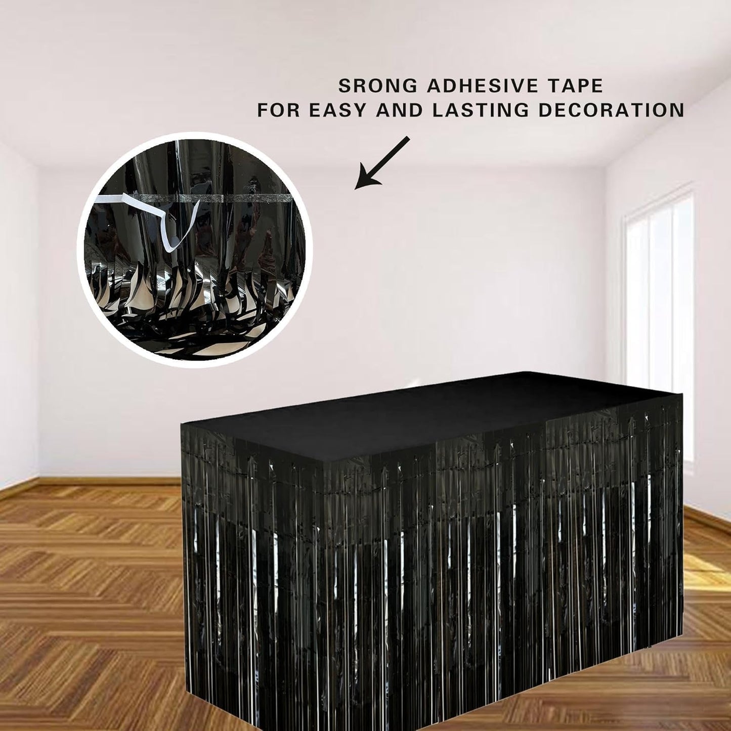 Black Streamers Party Decorations, 2 Packs Black Table Skirts Metallic Foil Fringe Tinsel for Graduation Birthday Wednesday Twilight Wizard Float Parade Halloween Party Supplies - 29x108 Inch