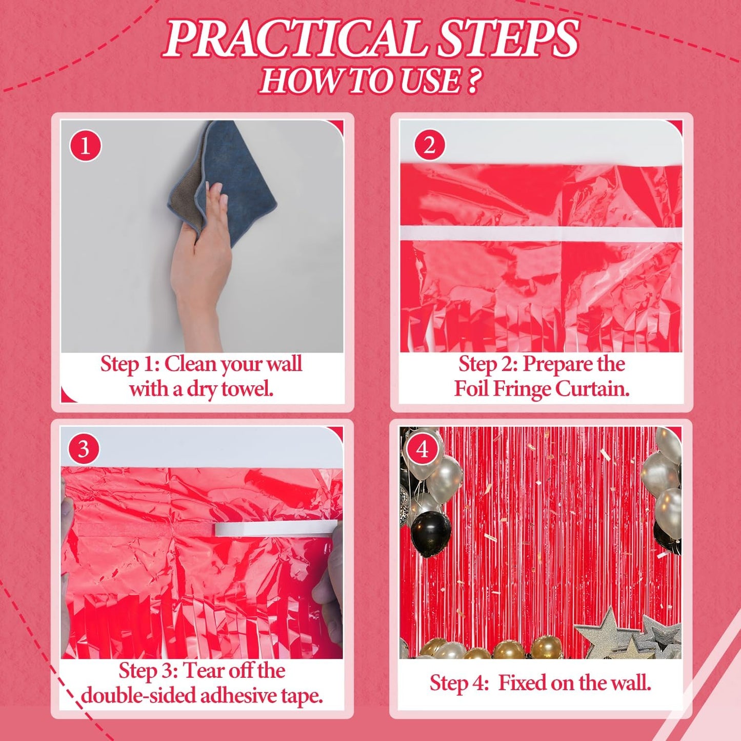 3 Pack Foil Fringe Backdrop - Pastel Red Shiny Tinsel Curtains for Party Decoration/Photo Booth Props - 3.3x8.2 FT Metallic Foil Backdrop for Birthday, Wedding, Graduation, Christmas.