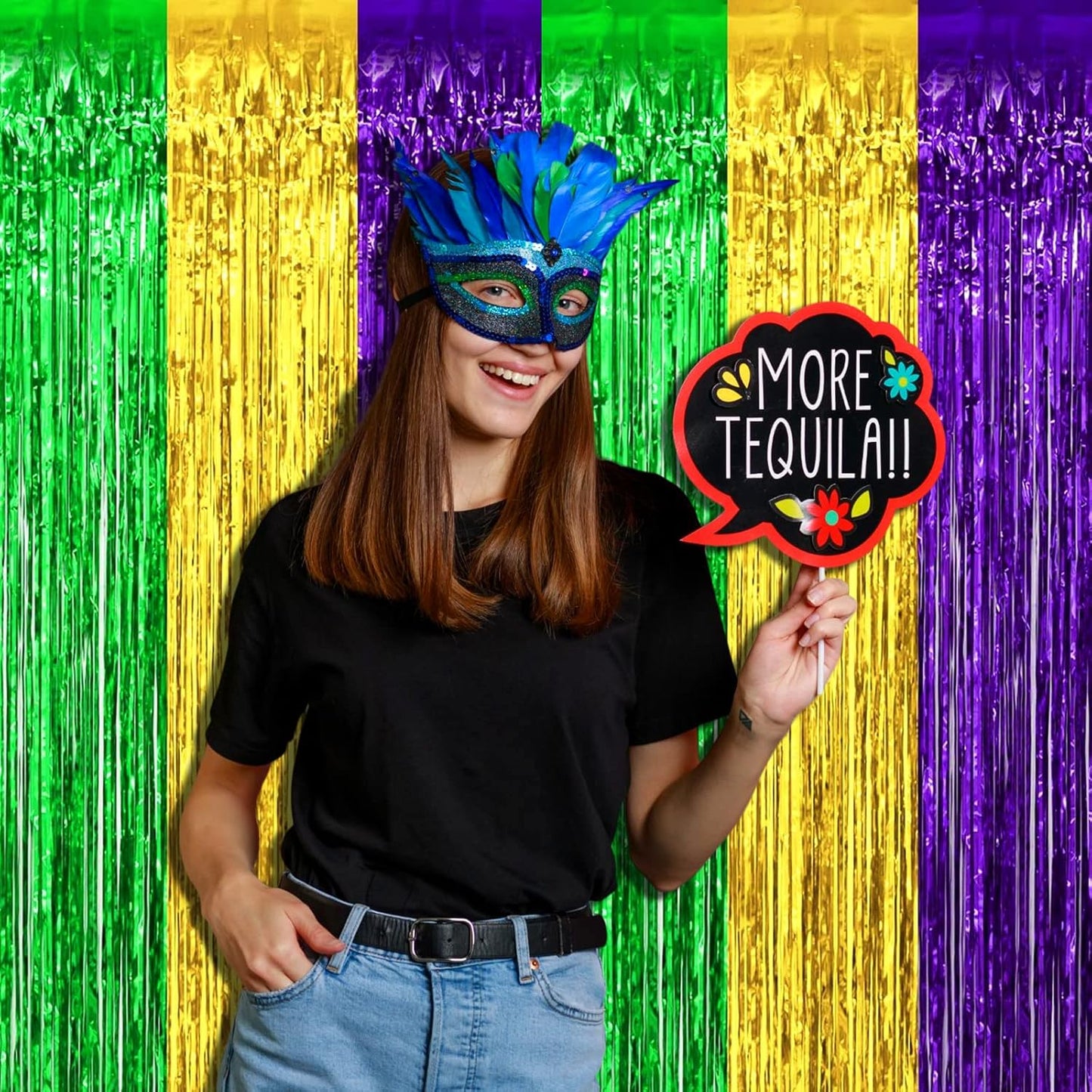 4 Pack Mardi Gras Foil Fringe Curtain Backdrop, 3.28Ft x 9.8Ft Gold Green Purple Metallic Tinsel Foil Fringe Streamers Curtains for Photo Booth, Wedding, Birthday, Carnival Party Decoration