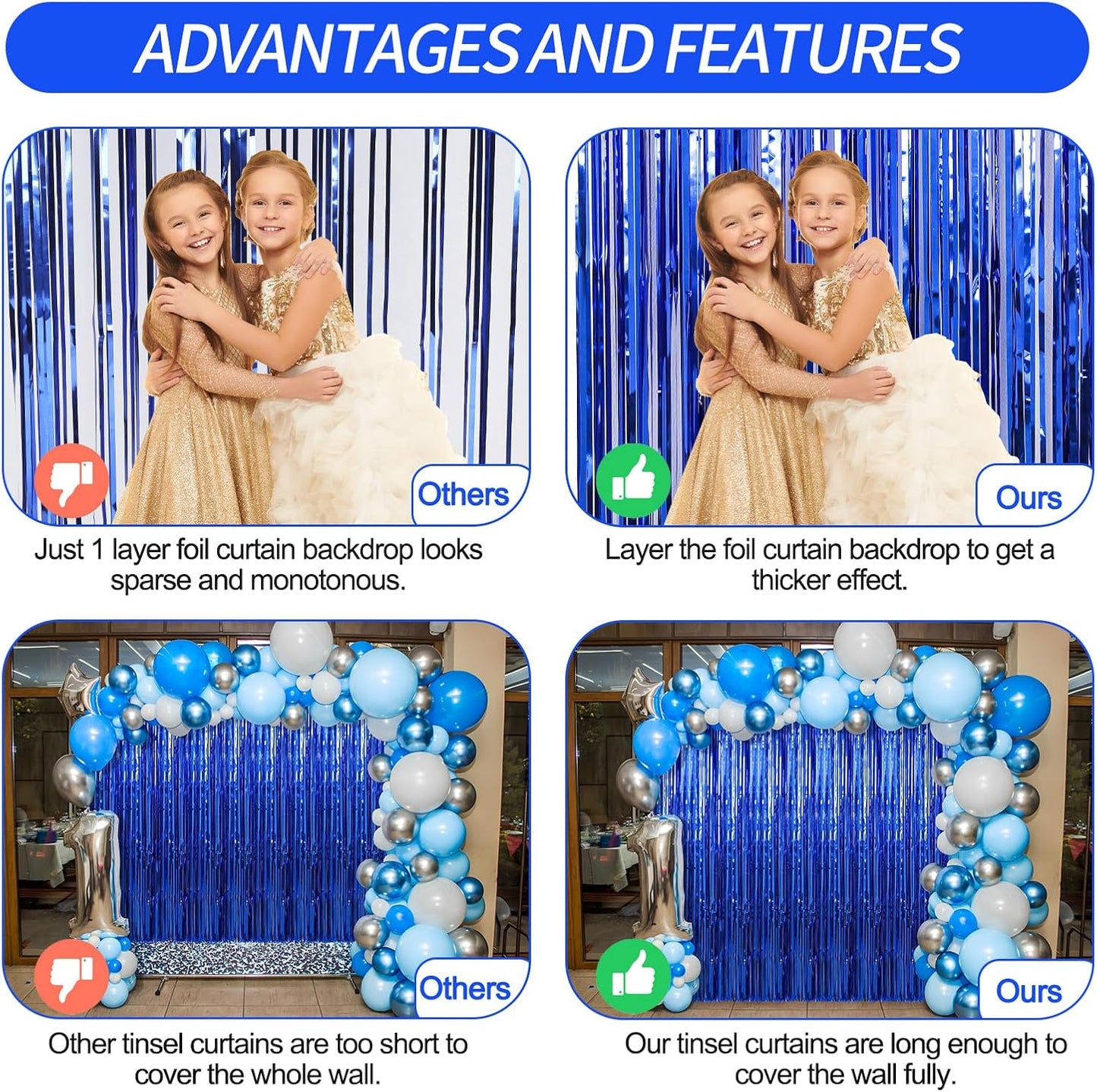 4 Pack Dark Blue Foil Fringe Curtains Door Streamers Party Decorations 3.3 x 8.2 ft, Tinsel Curtain Fringe Backdrop for Parties, Door Fringe Birthday Streamers, Photo Booth Backdrops, Party Decor