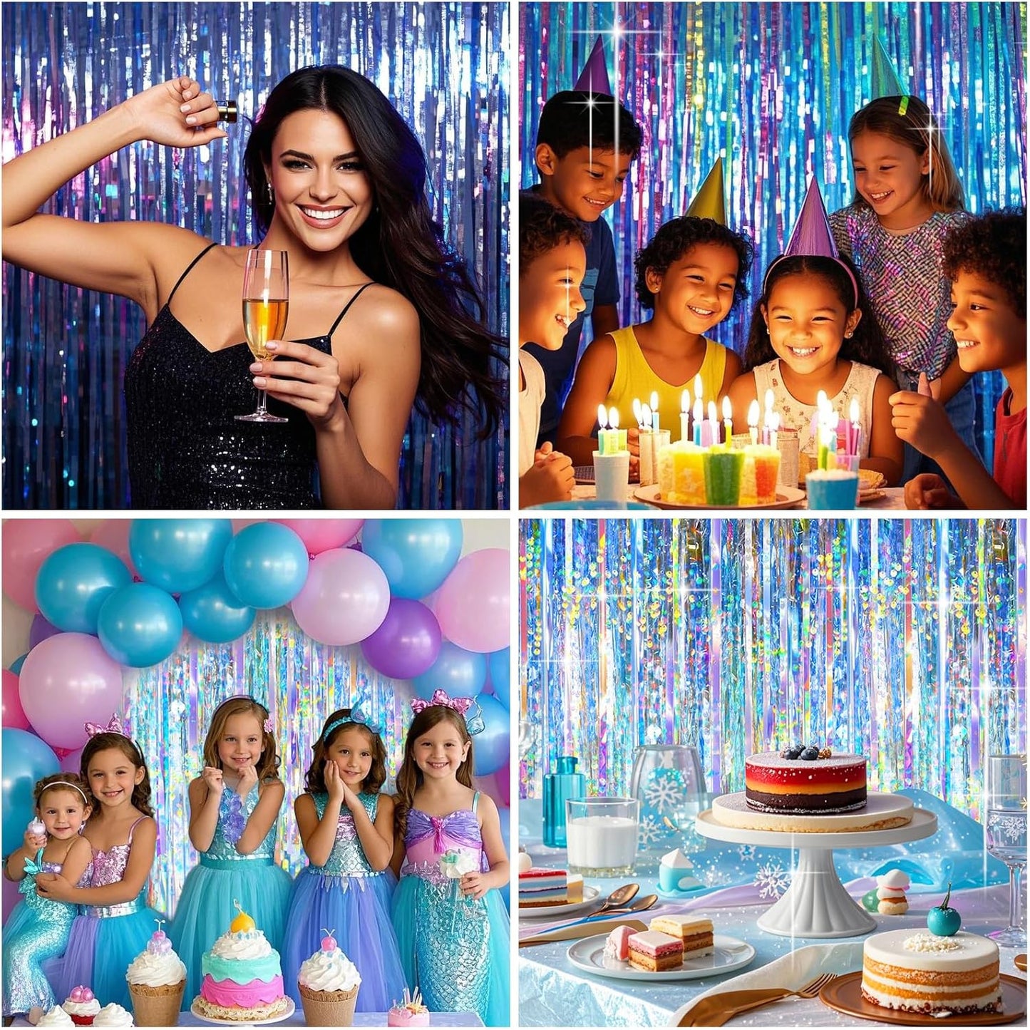 2 Packs Iridescent Foil Fringe Curtain, Neon Transparent Holographic Tinsel Backdrop for Birthday, Wedding, Baby Shower, Mermaid, Euphoria, Iridescent Party Decorations Supplies