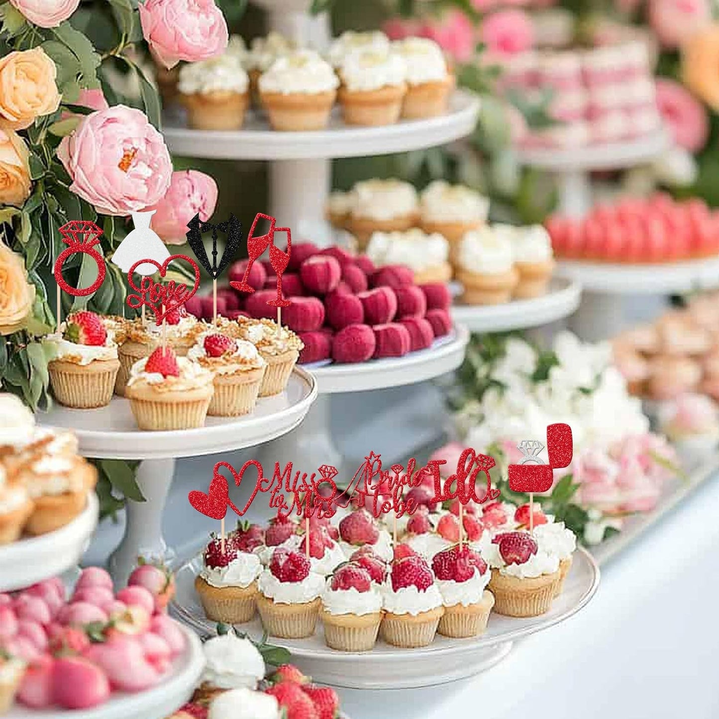 30 PCS Bride to Be Cupcake Toppers Glitter Miss to Mrs I Do Love Heart Ring Cupcake Picks Wedding Bridal Shower Cake Decorations for Wedding Engagement Bachelorette Party Supplies Red