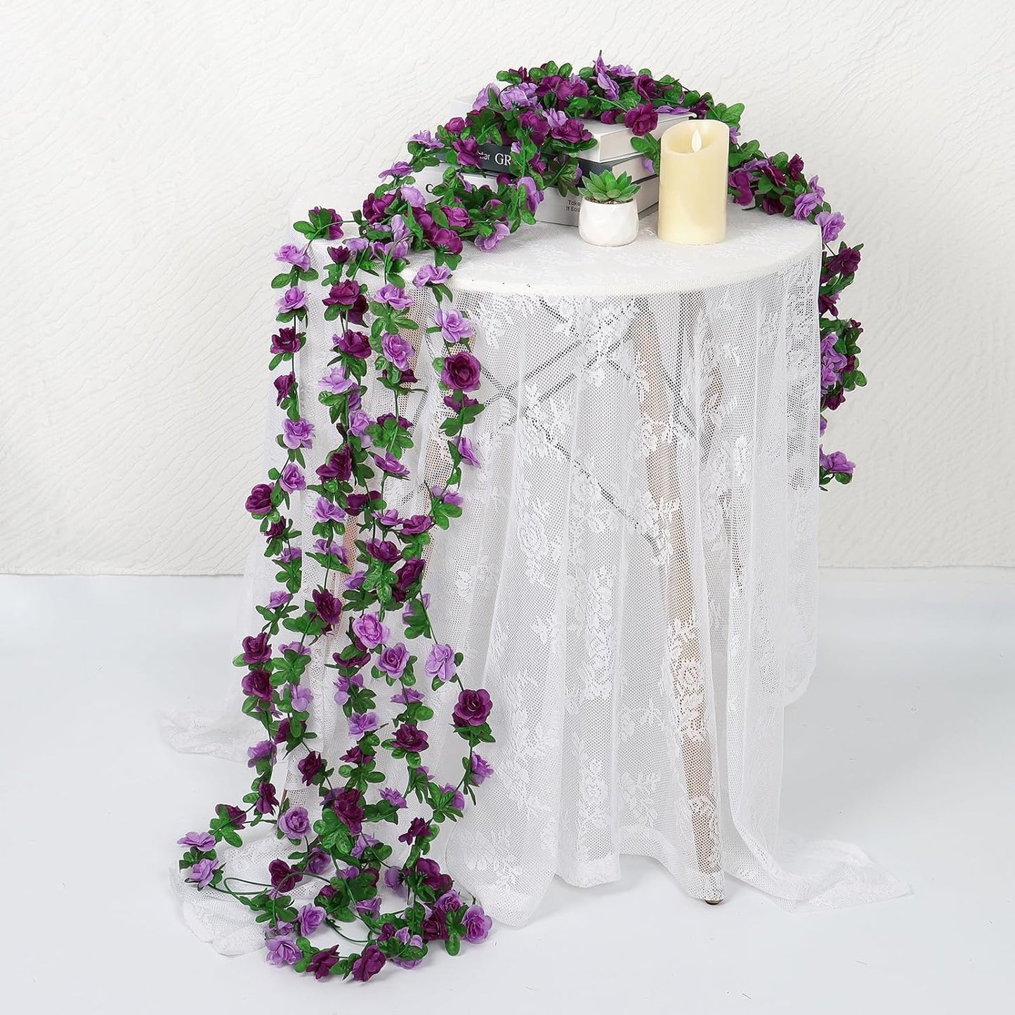 KHOYIME 5 Pack 40 FT Artificial Flower Garland, Fake Purple Roses Vines Silk Flowers Faux Plastic Outdoor Hanging Floral Ivy Garland Decoration for Wedding Arch Bedroom Home Wall Backdrop Room Decor