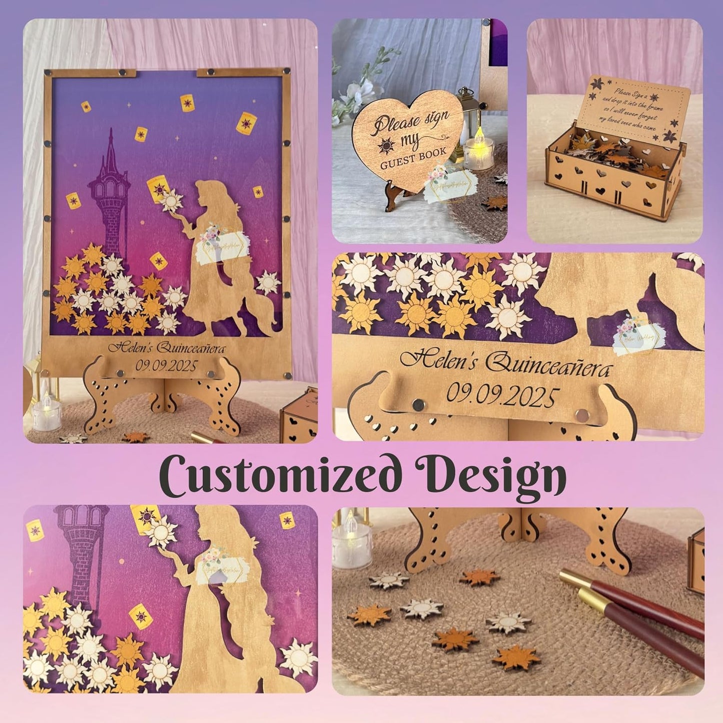 Princess Guest Book Alternative | Quinceañera Sweet XV Wooden Dropbox Frame with Lantern Tokens | Personalized Fairytale Guestbook Keepsake