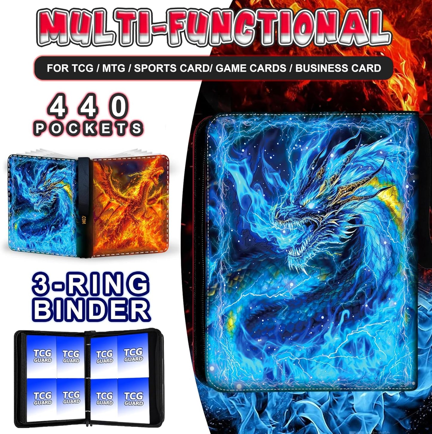 440 Card Binder 4 Pocket, 3-Ring Trading Card Binder with 55 Page Removable Sleeves, High Storage Waterproof Trading Card Holder Collection Card Album Carrying Organizer Case for MTG TCG Cards -Fire
