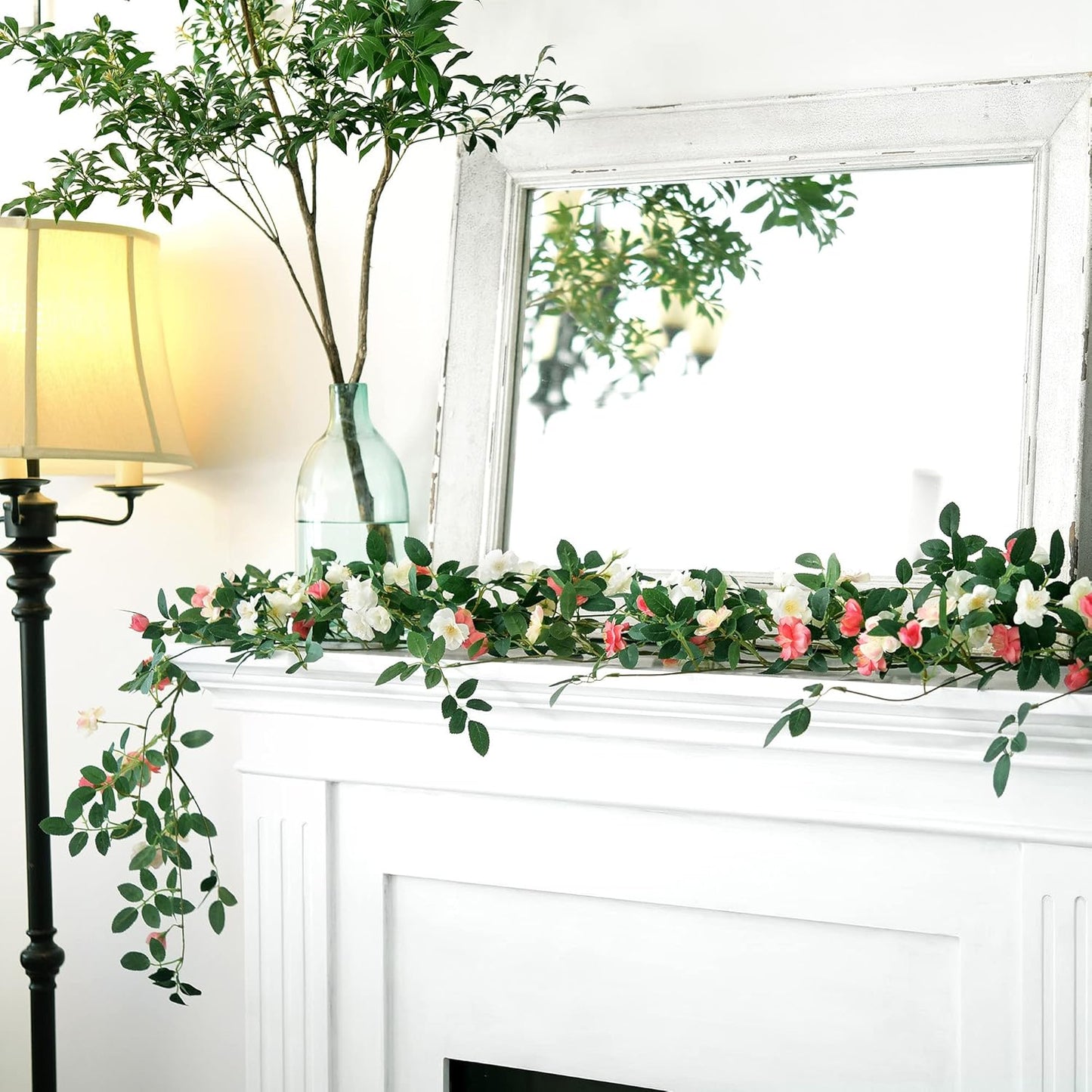 FiveSeasonStuff Bendable Shabby Chic White Flower Garlands, Artificial Silk Wild Roses Vine Leaves Hanging Flowers for Wall Decoration Basket Trellis Wedding Home 2 Pack 12 ft