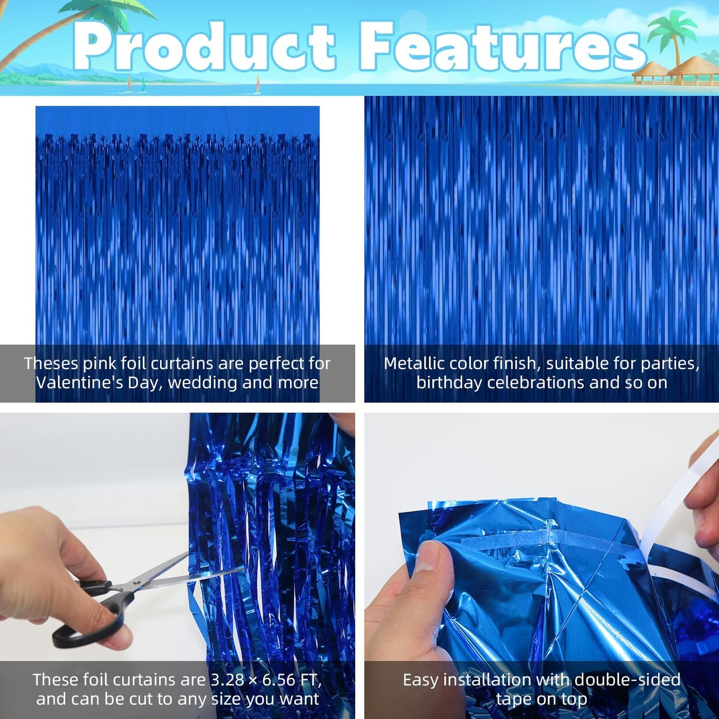 3 Pack Blue Backdrop Curtain Tinsel Streamers Ocean Themed Decor Birthday Party Decorations Foil Fringe Backdrop Graduation Baby Shower Bachelorette Winter Party Decorations Supplies