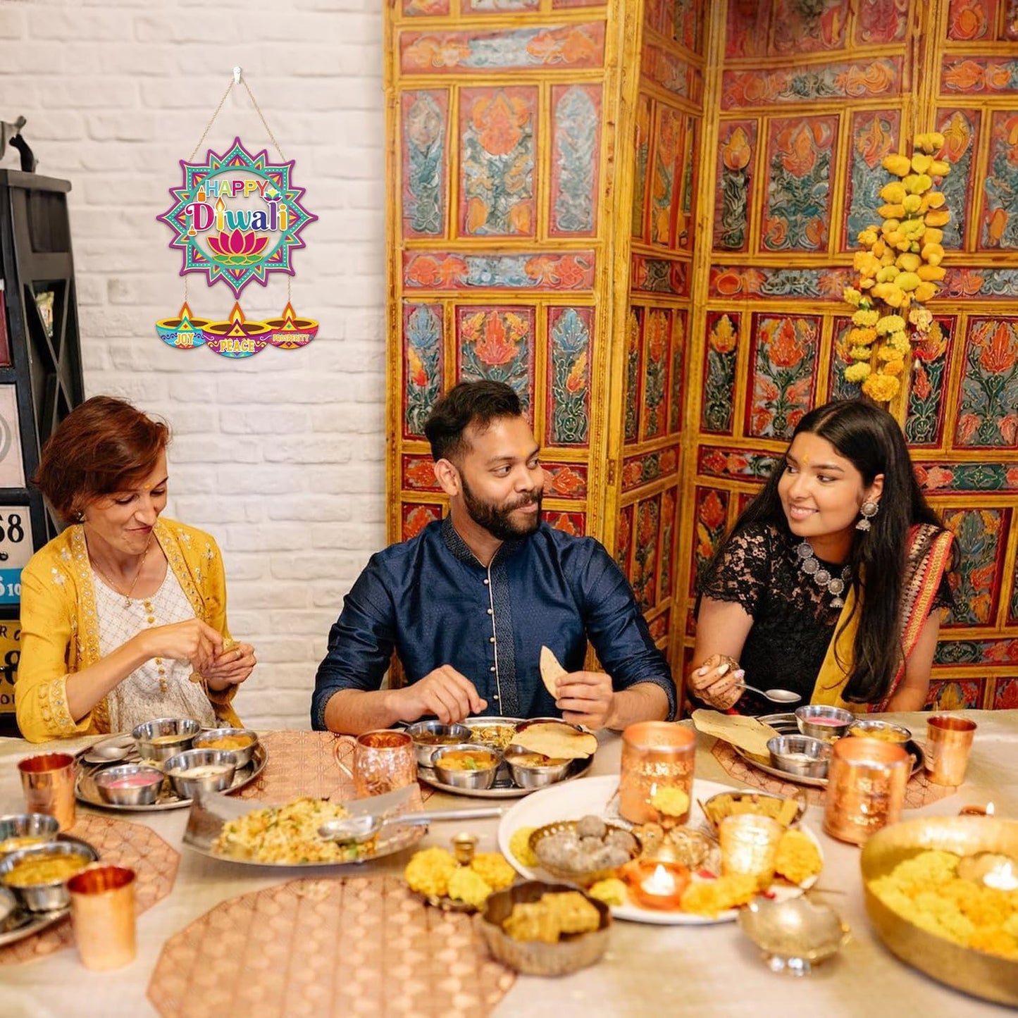 CHDITB Happy Diwali Front Door Sign Wreath(15"x11"), Wooden Lotus Rangoli Diyas Indian Festival of Lights Decoration Wall Hanging, Colorful Deepavali Themed Hanger Decor for Porch Home Office Party