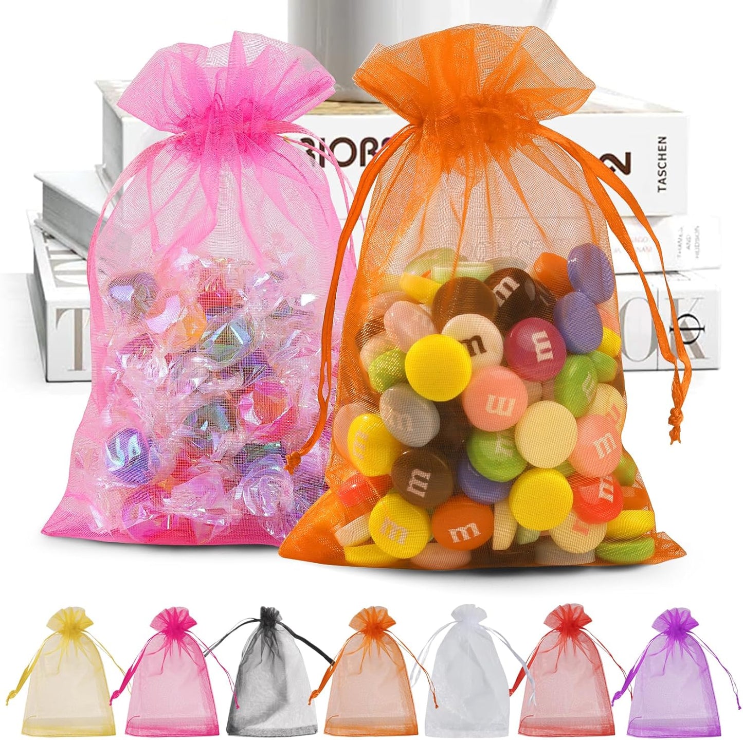 ANZNKU 50 Pack Multicolor Organza Bags 4 x 6 inch, Small Mesh Bag Drawstring, Organza Gift Bag for Wedding Party Favor Jewelry Candy