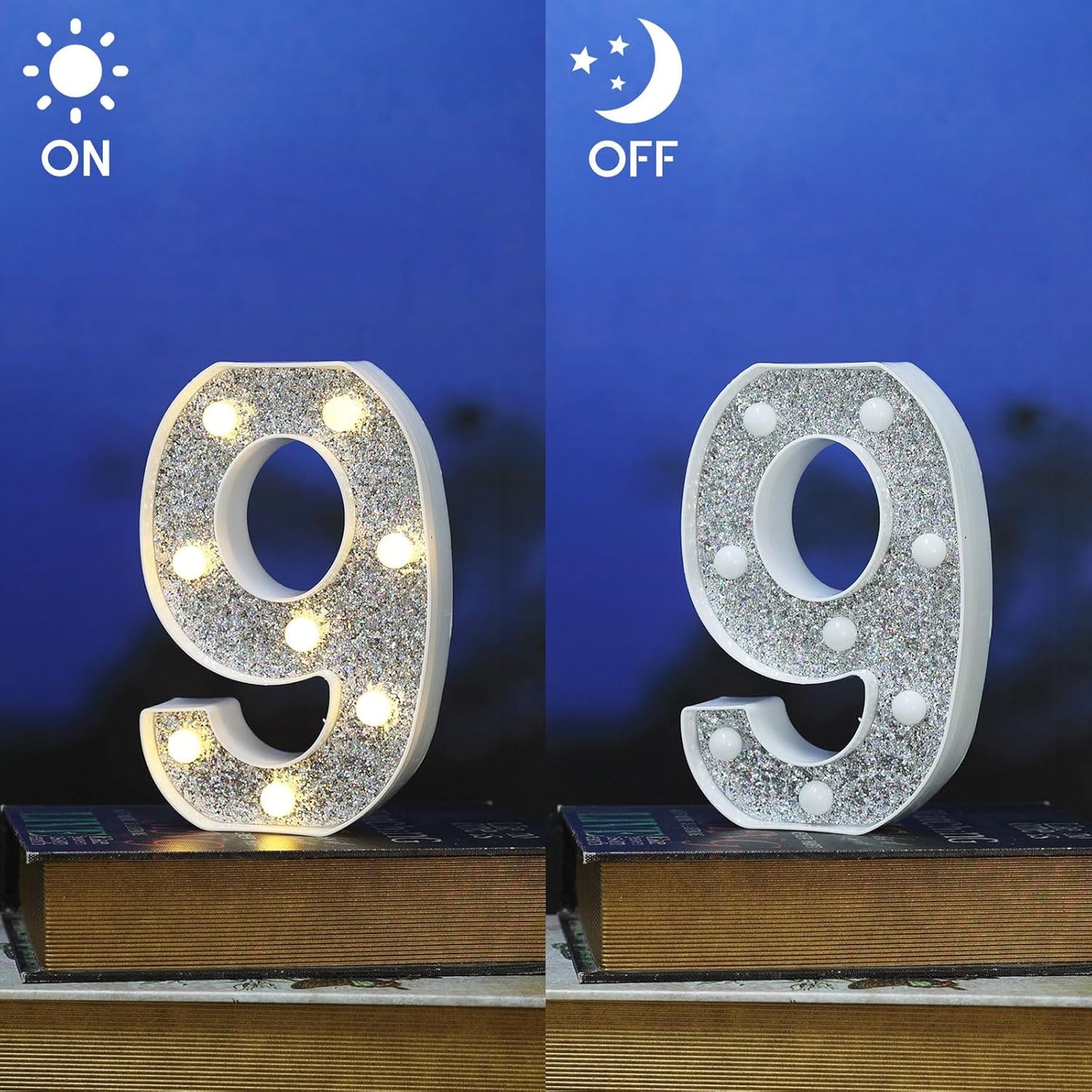 Marquee Light Letters for Table Decorations, Glitter Light Up Signs for Prom, Events, or Engagement Party Decor, Featuring Alphabet & Number Lighted Letters, Number 9