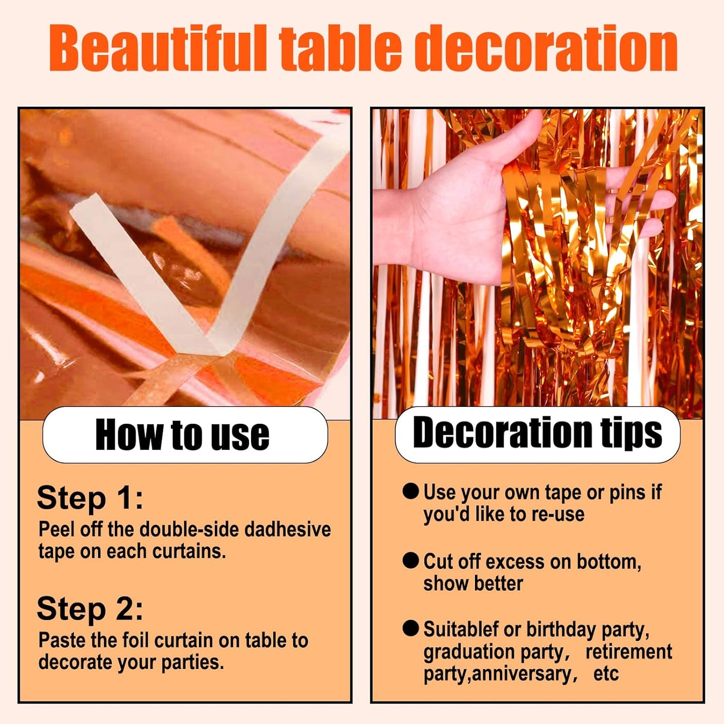 3 Pack 29 x108 Inch Orange Foil Fringe Table Skirts Metallic Banner for Tinsel Streamer Garland Backdrop for Parade Floats Wedding Thanksgiving Birthday Christmas Halloween New Year Party Decoration