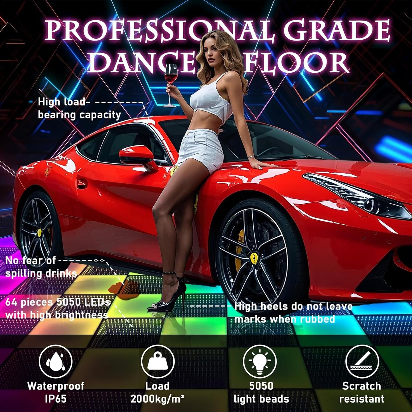 Dance Floor Stage Lights-Tempered Glass with Flight Case - RGB Color Changing Lights for Wedding, Party, Club - Non-Slip (3D&RGB -Magnetic, 16 * 16 FT)