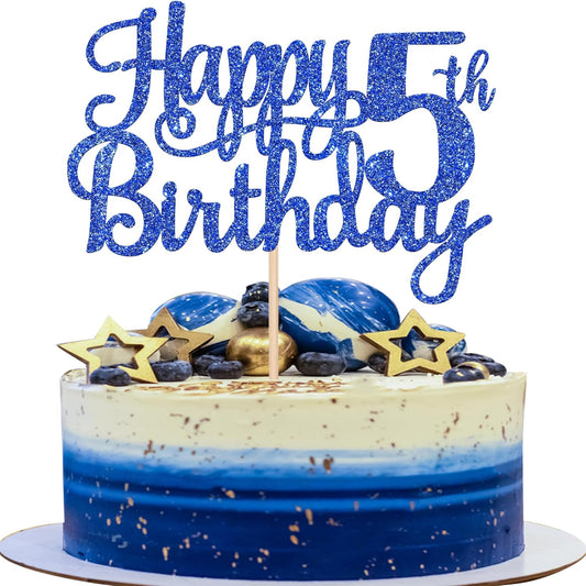 1 PCS Happy 5th Birthday Cake Topper Glitter Cheers to 5 Years Cake Pick Five Fabulous Cake Decoration for 5th Birthday Theme Party Decorations Supplies Blue