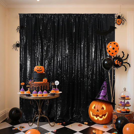 Poise3EHome 10Ft x 10Ft Black Sequin Backdrop Curtain, Glitter Thick Satin Background Drapes, Sparkly Opaque Photography Curtain, Sequence Xmas Thanksgiving Backdrop for Wedding Party Decor