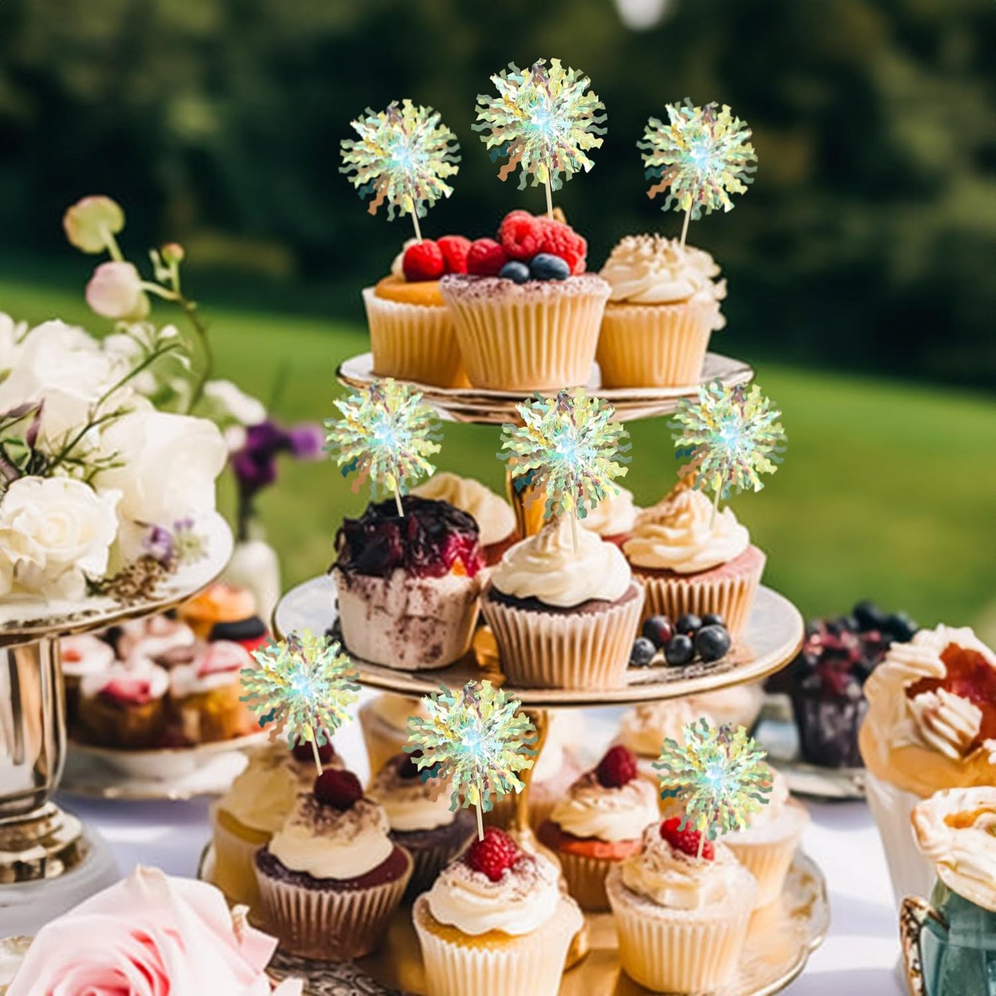 Ephlyn 30Pcs Foil Firework Cupcake Toppers Sparkle Tinsel Cupcake Picks Firework Cake Decorations Cocktail Food Fruit Toothpicks for Baby Shower Graduation Party Supplies White