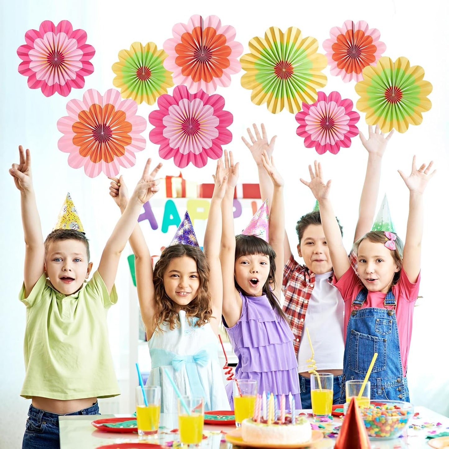 SUNBEAUTY 9 PCS Paper Flowers Decorations Hanging Carnival Paper Fans Decorations Flower Paper Fans Paper Floral Backdrop Spring Decorations