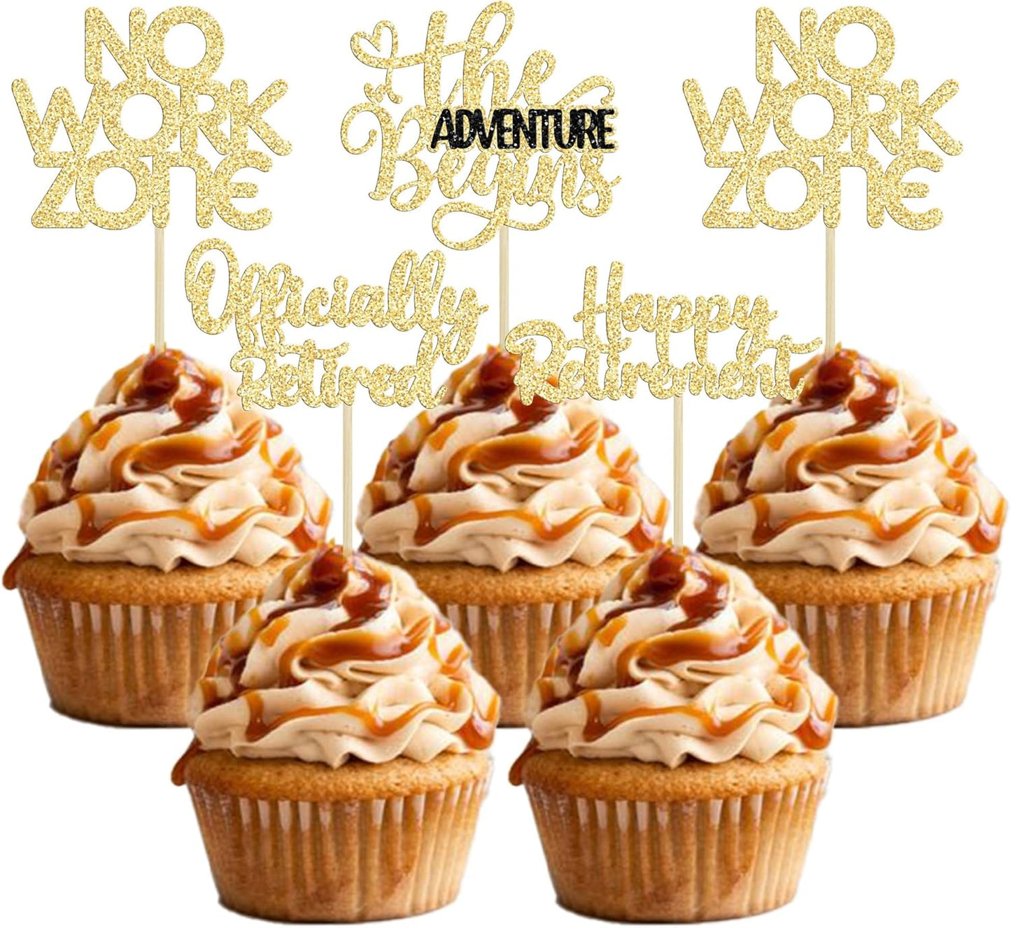24Pcs Happy Retirement Cupcake Toppers Officially Retired Cake Toppers No Work Zone Adventure Begins Cupcake Picks Retirement Theme Farewell Birthday Party Cake Decorations Supplies Gold