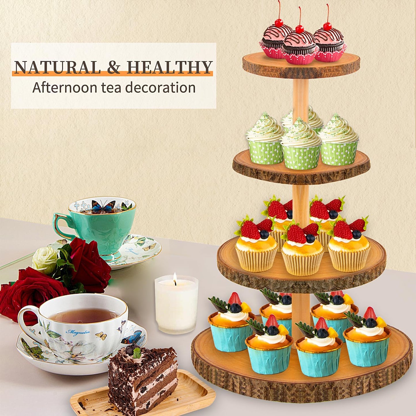 Cupcake Stand Wood Dessert Stands 4 Tier Wooden Cupcake Stand - Large Capacity, Bark-Covered, Varnished, Multi-Functional for Weddings, Baby Showers, and Parties.