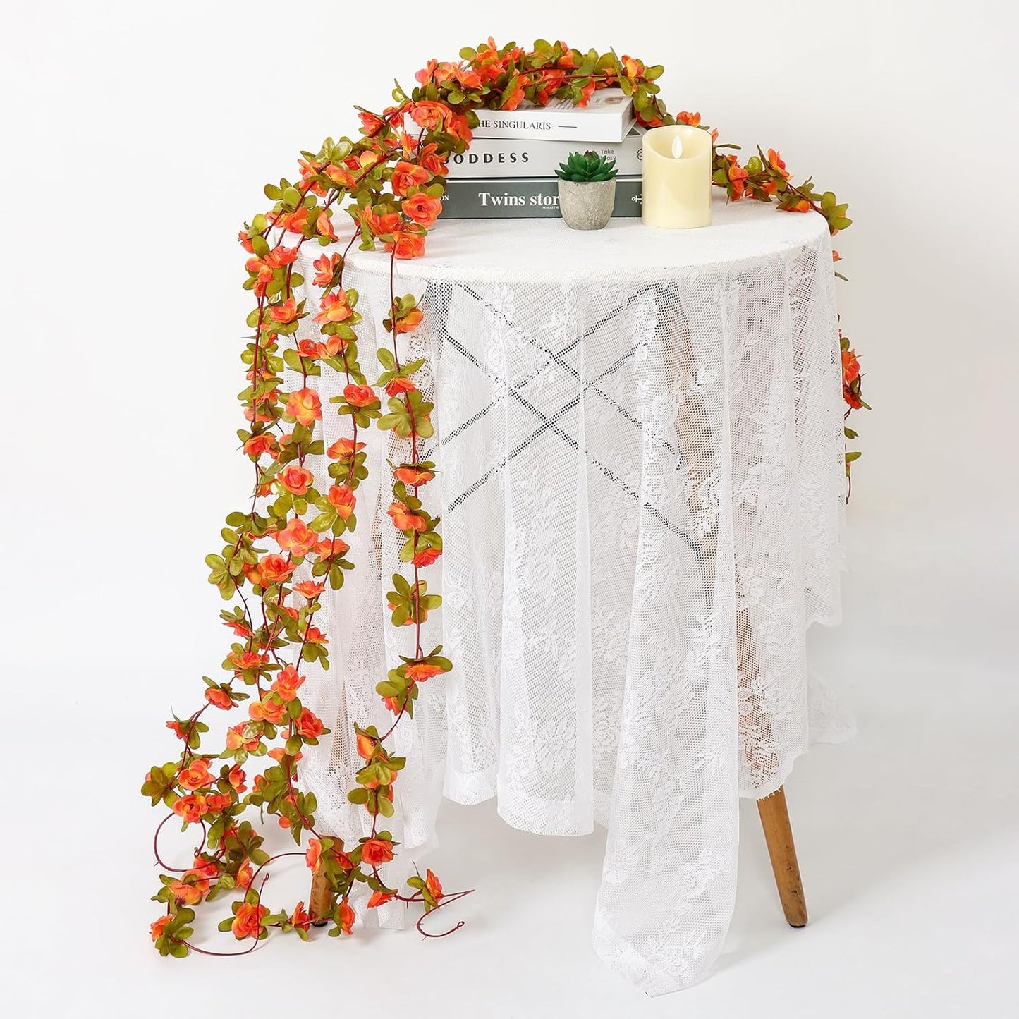 KHOYIME 5 Pack 40 FT Artificial Fall Flower Garland, Fake Orange Roses Vines Silk Flowers Faux Plastic Outdoor Hanging Floral Garland Autumn Decoration for Indoor Table Home Wall Backdrop Room Decor