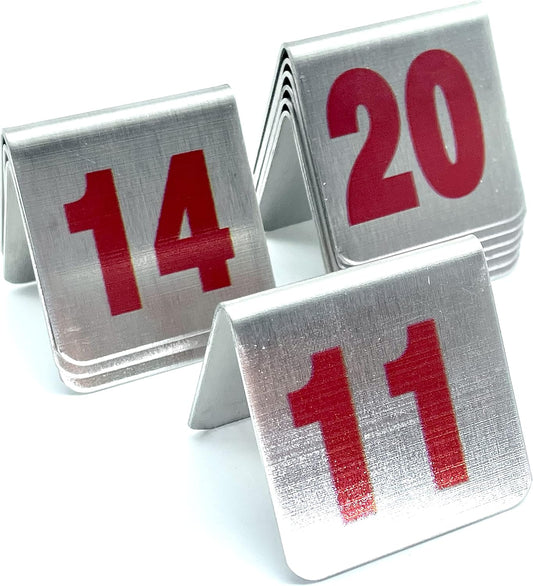 10 Pcs Metal Place Cards Stackable Tent Style Table Numbers，Place Card Holders for Celebration Wedding Party Restaurants Cafes Bars Gatherings meeting Room Board Game Serial (Small 11-20, Red)