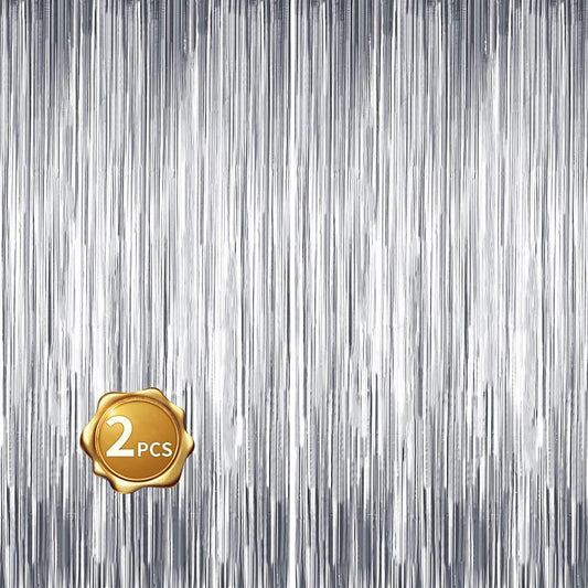 BEISHIDA 2 Pcs Silver Door Streamers Tinsel Curtain Party Streamers Backdrop Fringe Foil Wall Background for Birthday Halloween Christmas Wedding Party Decoration(3.28 ft x 6.56 ft)
