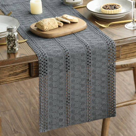 Artoid Mode Dark Grey Farmhouse Woven Rustic Hollow Table Runner, Seasonal Holiday Hollow Kitchen Dining Table Decoration for Home Party Decor 12x60 Inch