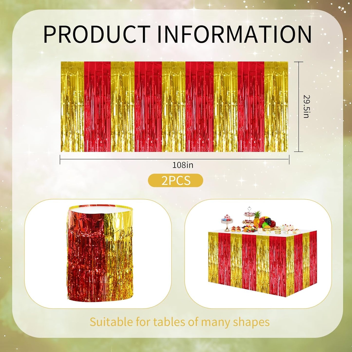 BEISHIDA 2 Pack Red Gold Table Skirts Party Decorations Metallic Tinsel Foil Fringe Decors for Rectangle and Round Table Birthday Chinese New Years Holiday Graduation Congrats 2026 Party