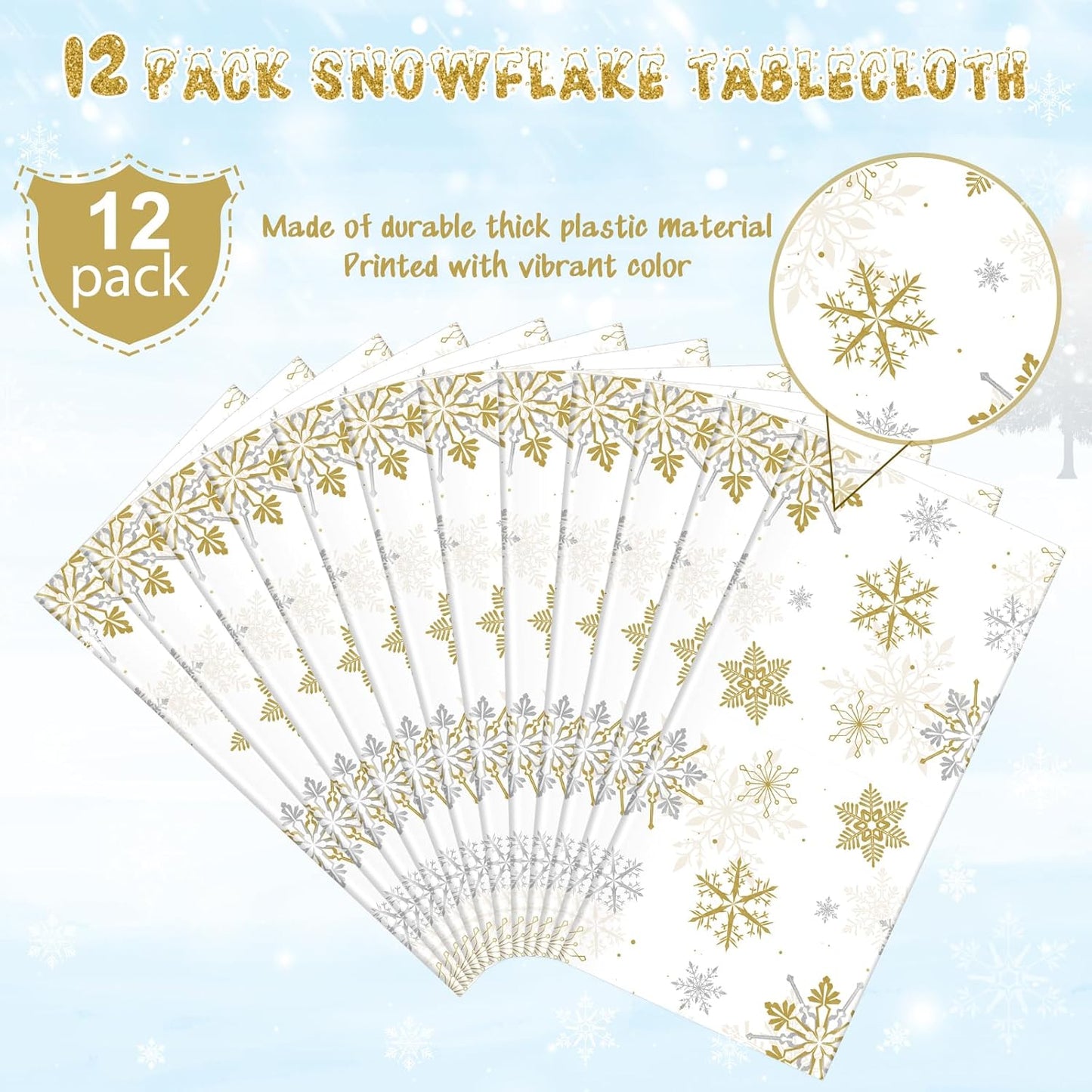 12Pcs Christmas Snowflake Party Tablecloths Decorations,Plastic White and Gold Table Cloth,Winter Rectangle Table Cover for Christmas New Year Birthday Baby Shower Holiday Party Decorations,54x108inch