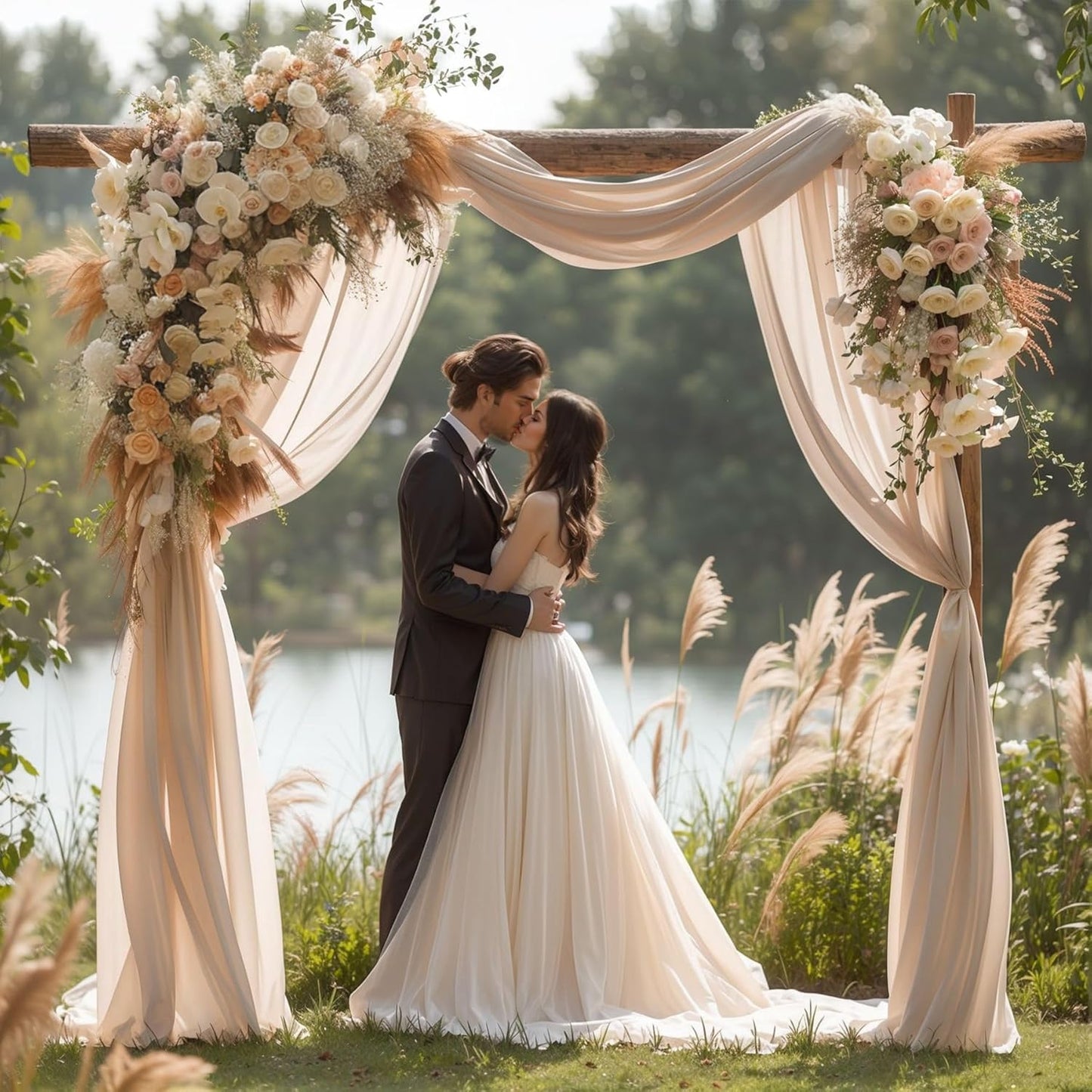 Wedding Arch Draping Fabric, 2 Panels 28" x 19Ft Deep Champagne Wedding Arch Drapes Sheer Backdrop Curtain for Wedding Ceremony Party Ceiling Decor