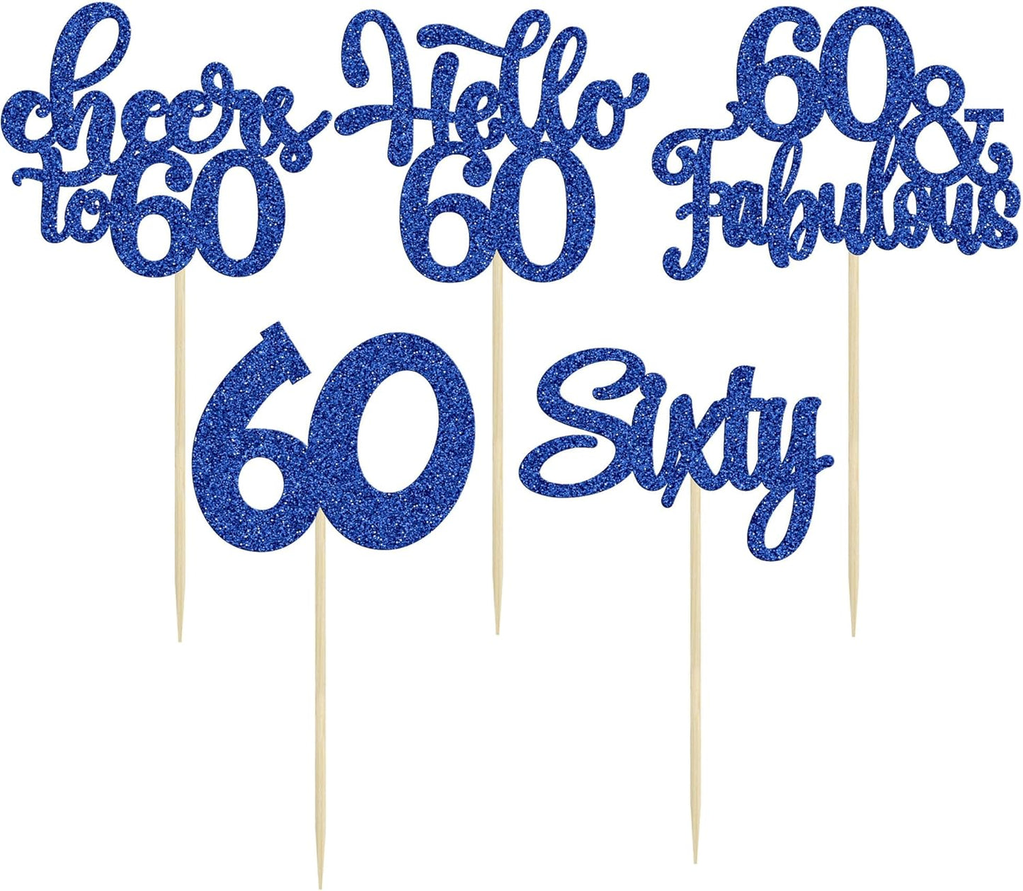 30Pcs Happy 60th Birthday Cupcake Toppers Deep Blue Glitter Sixty Cake Toppers Cheers to 60 Years Old Birthday Cupcake Picks for 60th Birthday Anniversary Party Cake Decorations Supplies