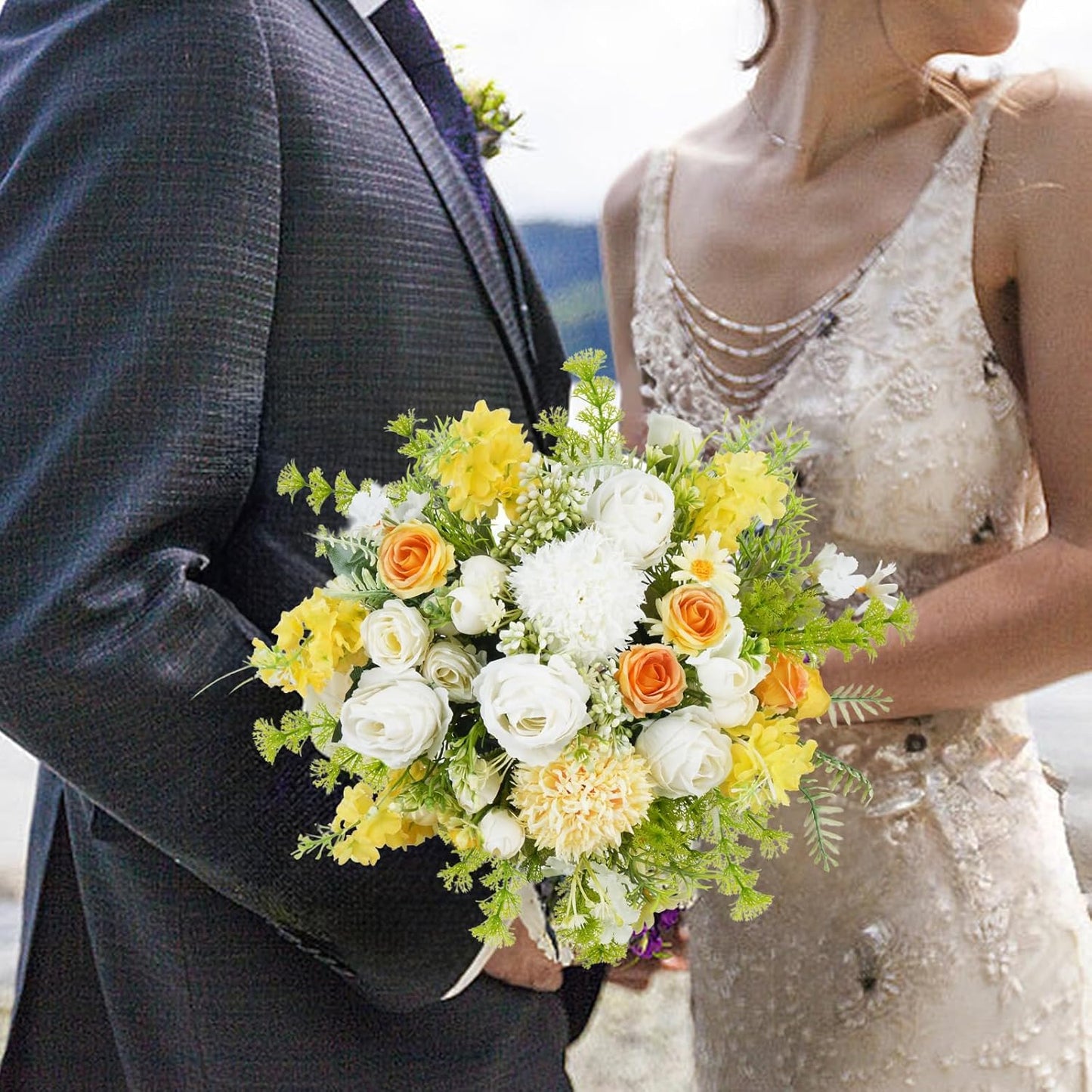 8Pcs Fake Flower Bouquet Artificial Silk Flowers White Yellow Rose Faux Floral Arrangements Picks Summer Flowers for Wedding Home Table Centerpieces Decorations