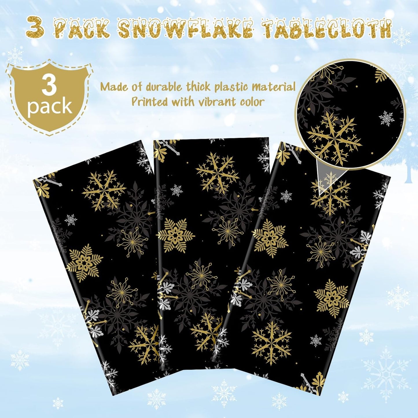 3Pcs Christmas Snowflake Party Tablecloths Decorations,Plastic Black and Gold Table Cloth,Winter Rectangle Table Cover for Christmas New Year Birthday Baby Shower Holiday Party Decorations,54x108 inch
