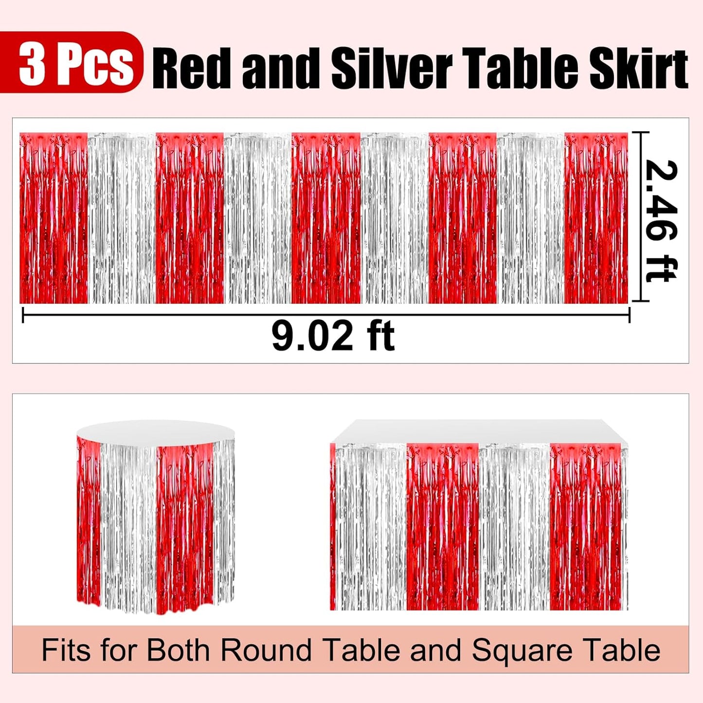 3 Pack 29 x108 Inch Red Silver Foil Fringe Table Skirts Metallic Banner for Tinsel Streamer Garland Backdrop for Parade Floats Wedding Thanksgiving Birthday Christmas New Year Party Decoration