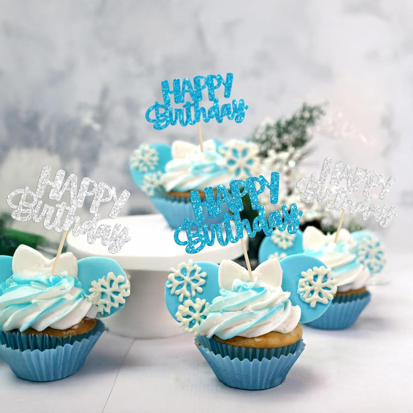 Gyufise 24Pcs Happy Birthday Cupcake Toppers Glitter Birthday Cupcake Food Picks for Celebrating Winter Wonderland Theme Party Cake Decorations Supplies Blue Silver