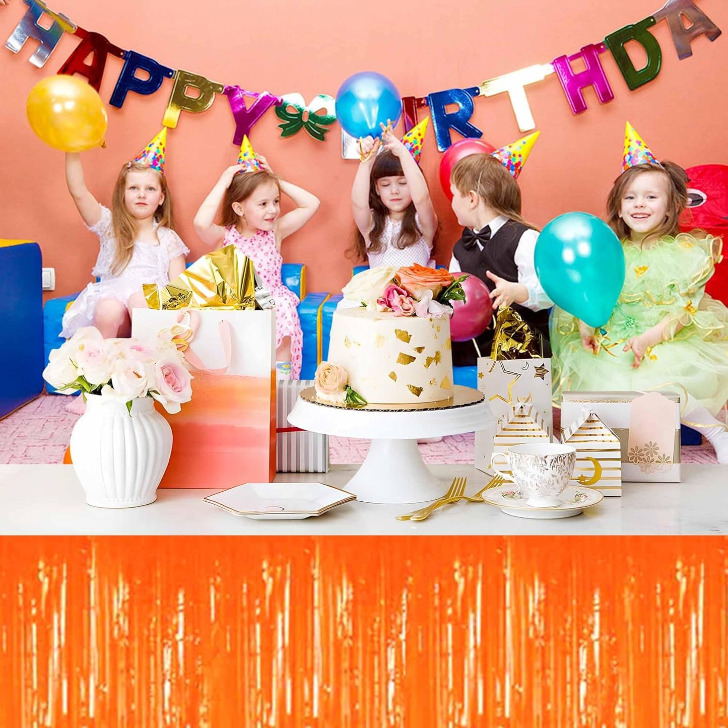 3 Pack 29 x108 Inch Macaron Orange Foil Fringe Table Skirts Metallic Banner for Tinsel Streamer Garland Backdrop for Parade Floats Mother's Day, Graduate, Birthday, Wedding Party Decoration