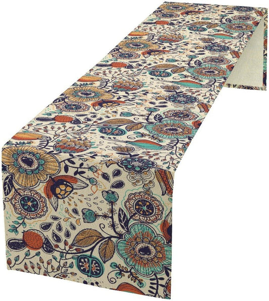 Boho Floral Table Runner,Vintage Flowers Tropical Plants Country Style Table Cloth Kitchen Dining Table Home Party Decoration 13x90 Inch