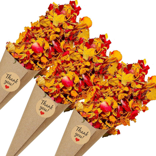 PATIKIL Dried Flower Confetti Cones, 30Pcs Paper Tapers Cone Holder with Dried Rose Petals / Sticker for Wedding Party Engagement Birthday DIY Decoration, Red/Yellow