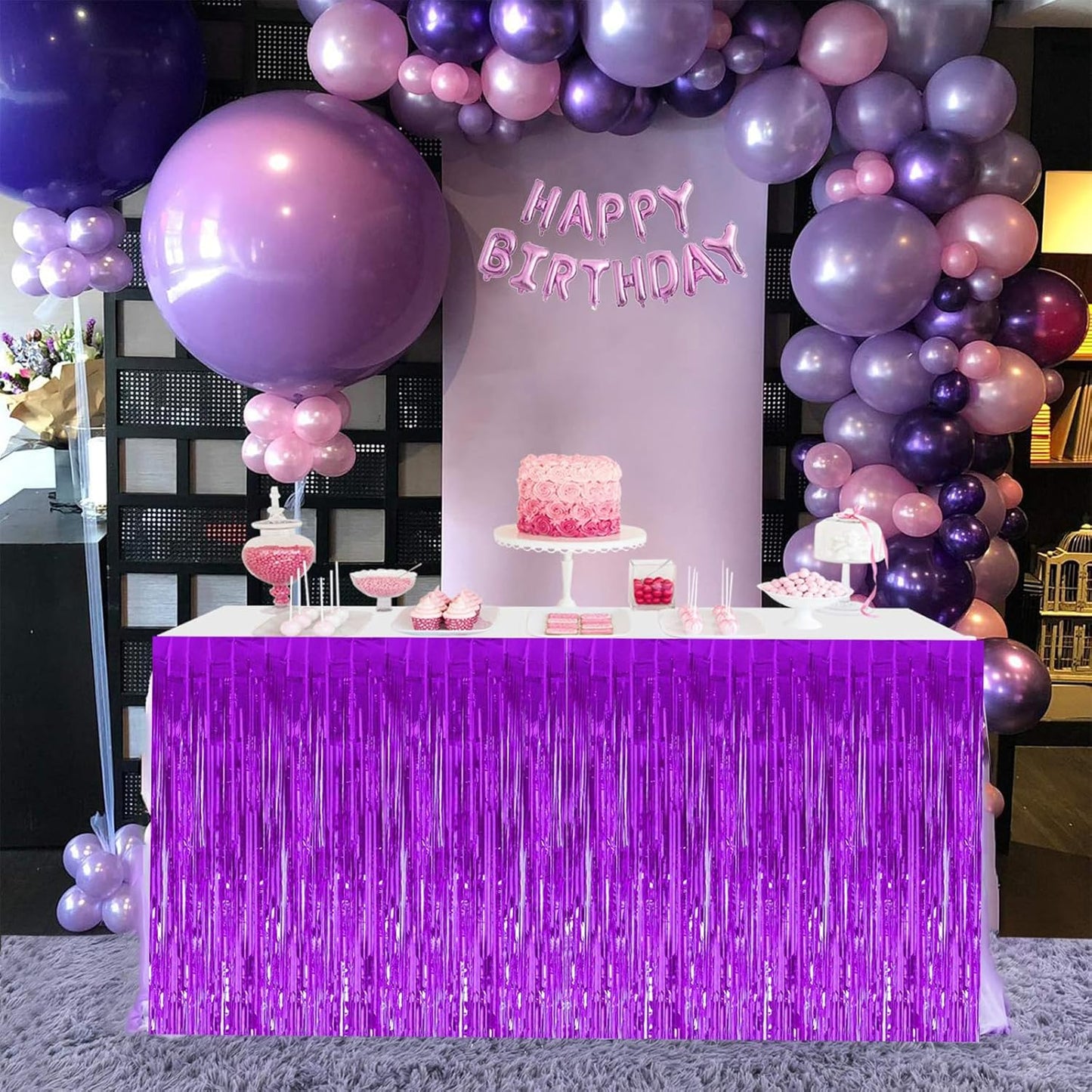 BEISHIDA 2 Pack Dark Purple Metallic Tinsel Foil Fringe Table Skirts for Rectangle and Round Tables - Birthday & Holiday Party Decorations