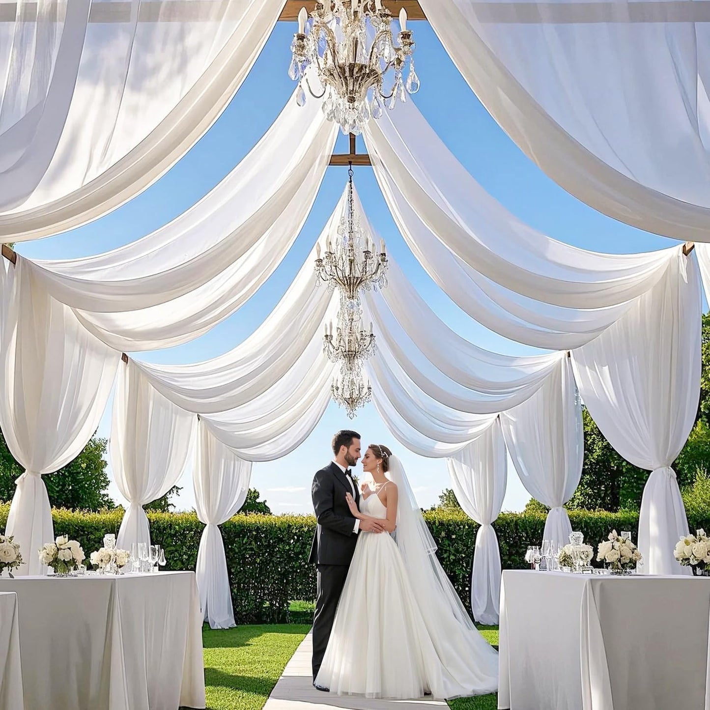 MODFUNS Ceiling Drapes for Parties White Sheer Chiffon Curtains 5x30FT 6 Panels Wedding Arch Drapes Fabric Sheers Arbor Drapery Tulle Ceiling Covering Fabric for Ceremony Stage Arbor Ornament