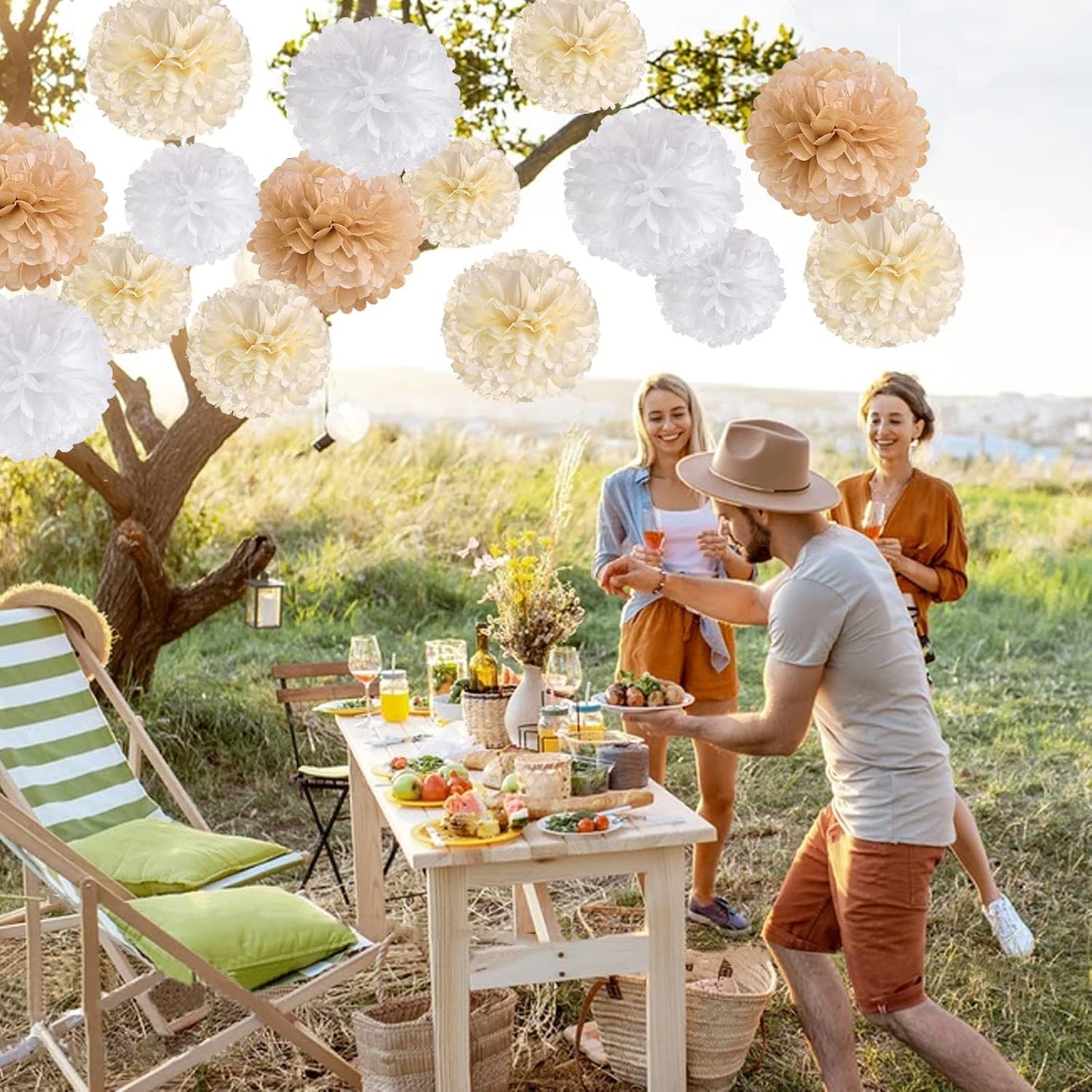 SUNBEAUTY 15 PCS Boho Champagne Pom Poms Tissue Paper Flowers, Wall Hanging Decor Neutral Party Wedding Decorations,Cream Beige White Paper Flowers for Wedding Birthday Bridal Showers Party Supplies