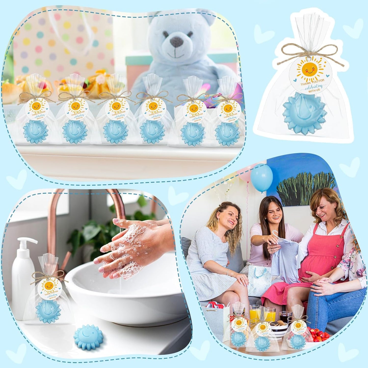 Demissle 20 Pcs Sun Soap Baby Shower Favors for Sunshine Party Here Comes the Son Baby Favors Mini Handmade Soap Gifts with Thank You Card for Guest Gender Reveal Party Decor(Blue)