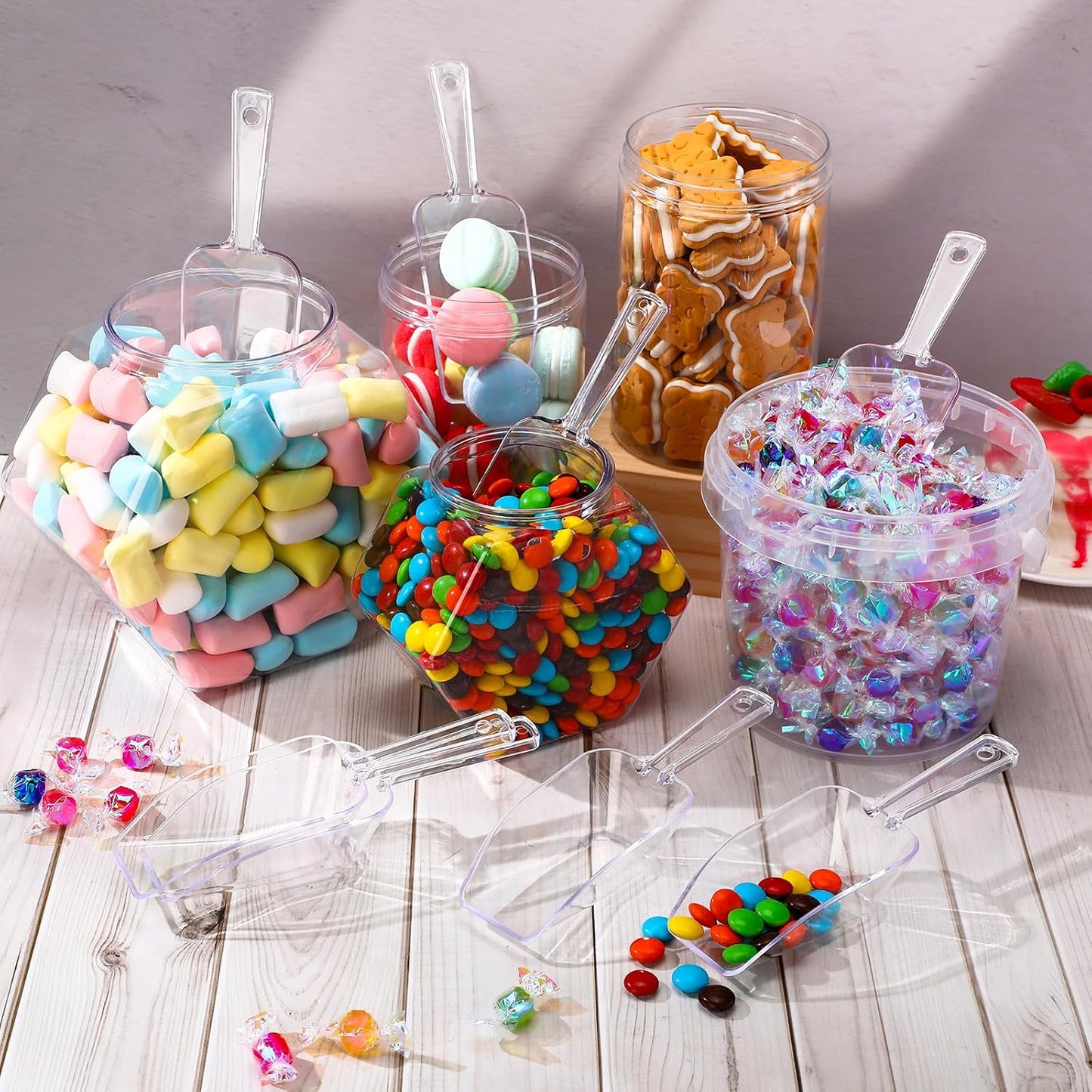 Hestya 4 Pcs Christmas Multi Purpose Clear Plastic Scoops for Candy Buffet Acrylic Kitchen Ice Food Popcorn Scoops for Protein Powders, Ice Cream, Coffee, Tea Jar (6.69 Inch)