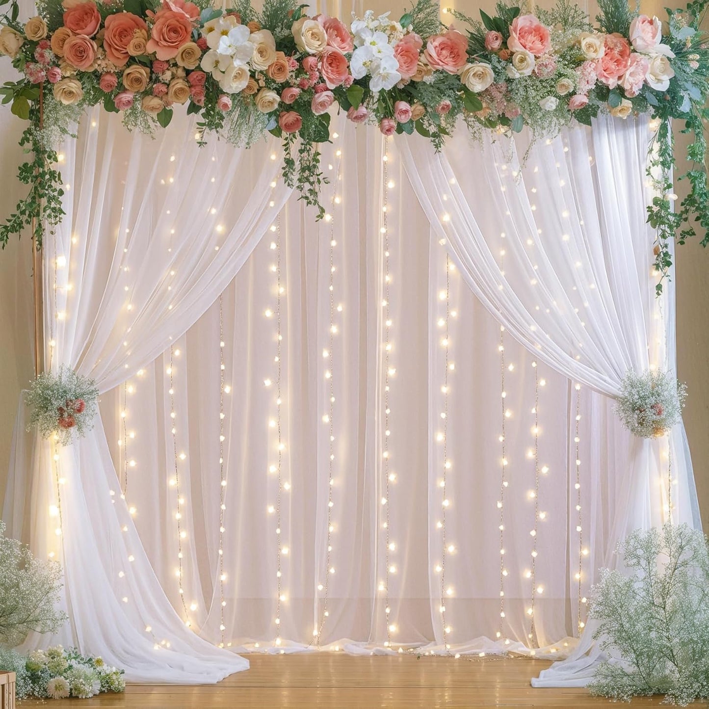 White Tulle Backdrop Curtain with Lights String, 10ft x 10ft for Weddings Baby Showers Birthday Parties, Sheer Wrinkle Free Backdrop, Easy to Install Photo Booth Background Decorations