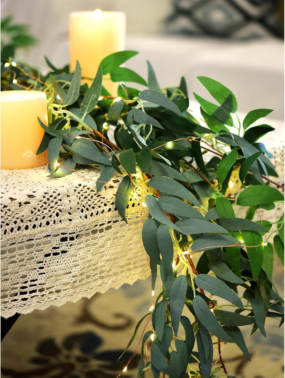 FiveSeasonStuff 2 Mix Rustic Willow Garlands, Bendable Artificial Greenery Vine Leaves for Wedding Home Decoration with 33 Feet String Lights