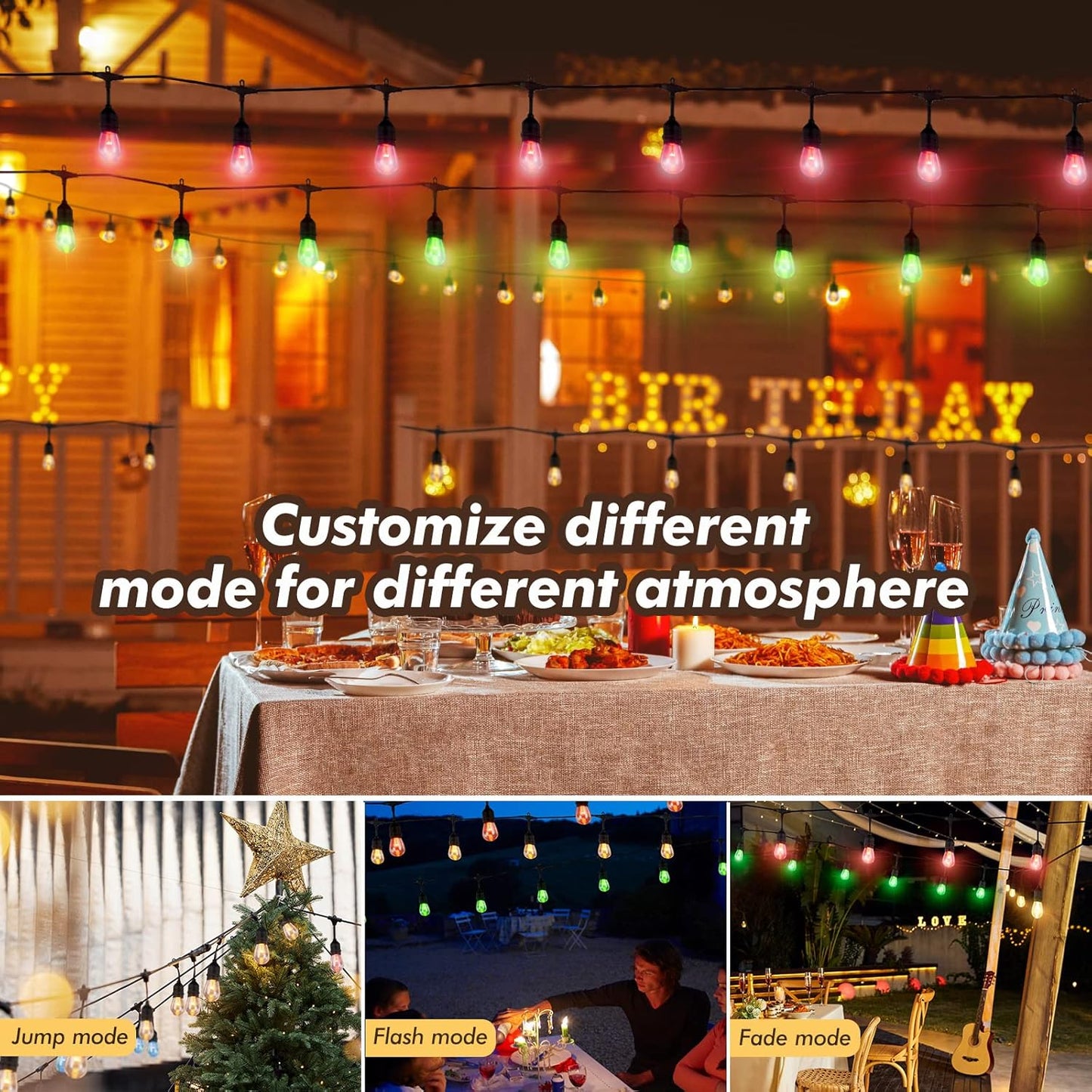 24FT Solar Outdoor String Lights, 12 Shatterproof Edison LED Bulbs, Dimmable RGB Color Changing Patio Lights Waterproof with Remote. for Patio Decor, Garden, Yard, Party, Bistro