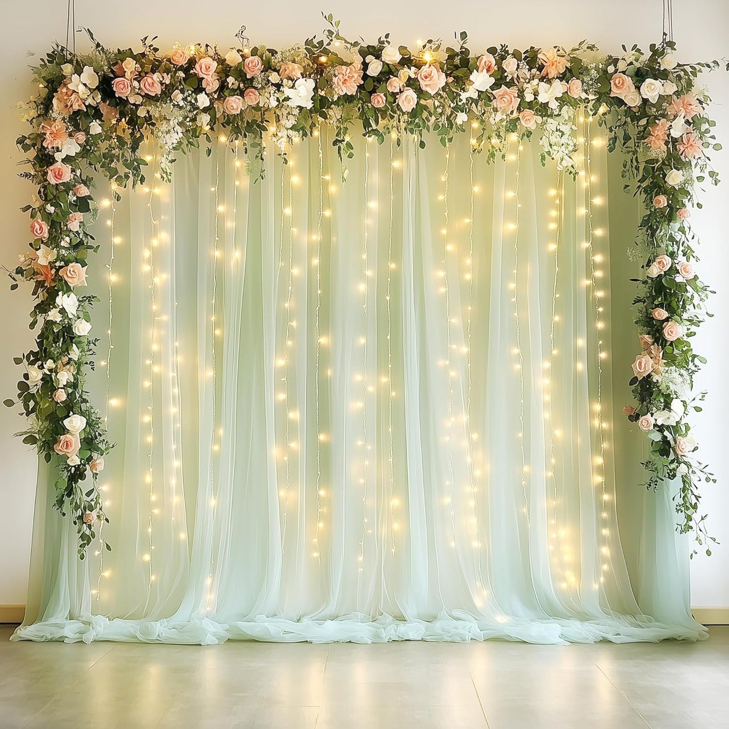Fomcet Sage Green Tulle Backdrop Curtains with Lights String 10FT X 10FT Sheer Curtain with Lights Tulle Curtains Backdrop for Wedding Birthday Party Photo Shoot (2 Panels 5x10FT)